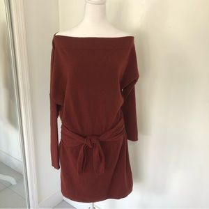 ANTHROPOLOGIE Women Redwood Off Shoulder Mini Dress Sz S Dolman Sleeve Tie Waist